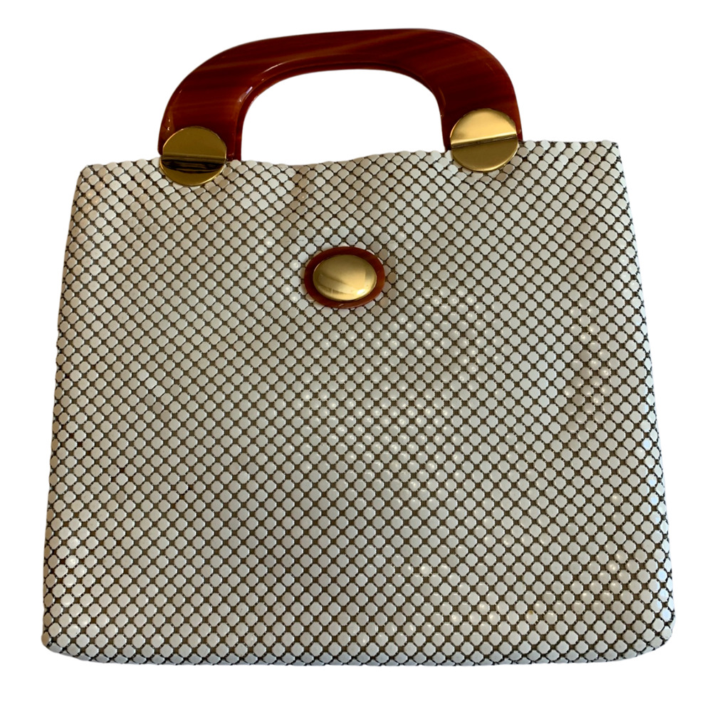 Whiting & Davis white enamel mesh purse w/brown lucite handle. Great retro look